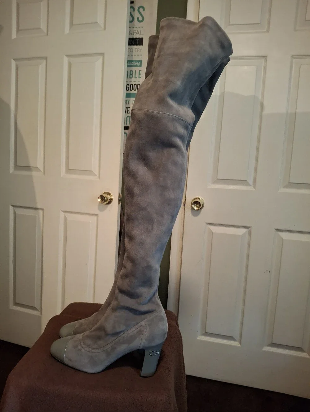 CHANEL Light Gray Suede Over-the-Knee Boots with Patent Toe Comes With Box.